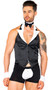 Butler Beefcake costume set includes sleeveless vest with button front closure, contrast lapels and halter style neck. Matching novelty trunks with button front, collar with bow tie and french cuffs also included. Four piece set.