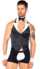Butler Beefcake costume set includes sleeveless vest with button front closure, contrast lapels and halter style neck. Matching novelty trunks with snap button front and elastic waist also included. Collar with bow tie and back hook and loop closure also included. French cuffs with matching snap buttons also included. Four piece set.