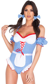 Gingham Kansas Girl costume set includes sleeveless gingham romper with padded cups with contrast lace ruffle trim, wide shoulder straps, lace up front accent and ruffled trim on legs. Matching arm cuffs, hair bows and apron with back tie closure also included. Four piece set.