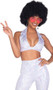 Disco Fever costume set includes sleeveless crop top with a shimmering iridescent fabric, deep V neckline, collar, halter neck and back hook closure. Matching high rise bell bottom pants also included. Two piece set.