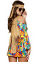 Hippie Hottie costume set includes mini dress featuring psychedelic rainbow floral print and long flared sleeves with cold shoulder detail. Fringe vest and headband also included. Three and piece set.