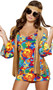 Hippie Hottie costume set includes mini dress featuring psychedelic rainbow floral print and long flared sleeves with cold shoulder detail. Fringe vest and headband also included. Three and piece set.