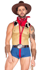 Playful Sheriff costume set includes sleeveless bodysuit with sheer fishnet top, cow print collar and shoulders, denim bottom, contrast red trim and front zipper closure. Belt with oversized buckle, bandana, and pair of faux suede wrist cuffs with fringe trim also included. Four piece set.