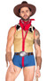 Playful Sheriff costume set includes sleeveless bodysuit with sheer fishnet top, cow print collar and shoulders, denim bottom, contrast red trim and front zipper closure. Belt with oversized buckle, bandana, and pair of faux suede wrist cuffs with fringe trim also included. Four piece set.