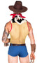 Playful Sheriff costume set includes sleeveless bodysuit with sheer fishnet top, cow print collar and shoulders, denim bottom, contrast red trim and front zipper closure. Belt with oversized buckle, bandana, and pair of faux suede wrist cuffs with fringe trim also included. Four piece set.