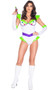 Sexy Galaxy Voyager costume includes short sleeve romper with wing style shoulder pads, matching flared ruffle on the leg, futuristic faux buttons, and matching fingerless gloves. Two piece set.