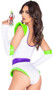 Sexy Galaxy Voyager costume includes short sleeve romper with wing style shoulder pads, matching flared ruffle on the leg, futuristic faux buttons, and matching fingerless gloves. Two piece set.