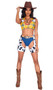 Sheriff Cutie costume includes plaid sleeveless crop top with V neckline, contrast red trim, collar and cow print accent on shoulders. Denim look booty shorts, cow print short chaps and belt with buckle also included. Four piece set.