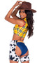 Sheriff Cutie costume includes plaid sleeveless crop top with V neckline, contrast red trim, collar and cow print accent on shoulders. Denim look booty Sheriff Cutie costume includes plaid sleeveless crop top with V neckline, contrast red trim, collar and cow print accent on shoulders. Denim look booty shorts, cow print short chaps and belt with buckle also included. Four piece set.