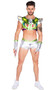 Infinity Space Voyager costume set includes sleeveless metallic crop top with flared shoulder pads, space ship logo, futuristic faux buttons, and strap detail. Matching mini shorts and fingerless gloves also included. Three piece set.