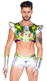Infinity Space Voyager costume set includes sleeveless metallic crop top with flared shoulder pads, space ship logo, futuristic faux buttons, and strap detail. Matching mini shorts and fingerless gloves also included. Three piece set.