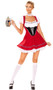 Beer Wench costume set includes traditional dirndl style dress with ruffled bustline, faux suspenders look with ruffled short puff sleeves, lace up front, floral trim and zipper back closure. Matching ruffled choker also included. Two piece set.