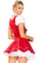 Beer Wench costume set includes traditional dirndl style dress with ruffled bustline, faux suspenders look with ruffled short puff sleeves, lace up front, floral trim and zipper back closure. Matching ruffled choker also included. Two piece set.