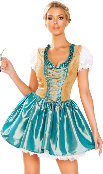 Beer Girl costume set includes traditional dirndl style dress with brocade top with lace up detail, V neckline with pleated trim, satin flared skirt, ruffled short puff sleeves, and zipper back closure. One piece set.