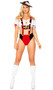 Fetching Fraulein costume set includes lederhosen style mini shorts with attached suspenders with floral front panel and button detail. Peasant style off the shoulder crop top with short ruffled puff sleeves with floral trim and ribbon detail also included. Tyrolean style hat with feather and flower accent also included. Three piece set.