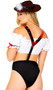 Fetching Fraulein costume set includes lederhosen style mini shorts with attached suspenders with floral front panel and button detail. Peasant style off the shoulder crop top with short ruffled puff sleeves with floral trim and ribbon detail also included. Tyrolean style hat with feather and flower accent also included. Three piece set.