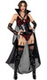 Playboy Vampire deluxe costume set includes sleeveless sequin romper with floral lace overlay, dramatic pointed cups with strappy details, Playboy Bunny logo charm on removable tall vinyl collar, clear adjustable shoulder straps, attached long sheer cape, which is then attached to long sheer floral lace fingerless gloves. Vinyl waist cincher with lace up front, attached adjustable garters with chain detail, and zipper back closure also included. Two piece set.