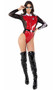 Playboy Race Car Driver costume set includes vinyl romper with checkered long sleeves featuring Playboy Bunny logo, sheer mesh panels on sleeves and sides, mock neck, front zipper closure, and Playboy bunny logo patch. Vinyl belt with buckle closure also included. Two piece set.