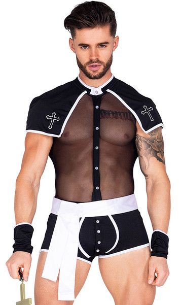 Sinful Confessions Priest costume set includes sleeveless bodysuit with sheer mesh top, mock collar with attached short cape with cross detail, contrast white trim and snap button front closure. Matching wrist cuffs and wide belt with hook and loop closure also included. Three piece set. Rosary not included.