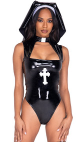 Misbeheaven Nun costume set includes sleeveless vinyl romper with keyhole front, clerical style tab collar, wide shoulder straps and large cross detail. Matching habit also included. Two piece set.