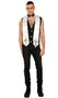 Mens Priest costume set includes sleeveless vest with gold button front closure, satin stole with gold trim and cross detail, and clerical tab collar with hook and loop closure. Three piece set.