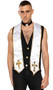 Mens Priest costume set includes sleeveless vest with gold button front closure, satin stole with gold trim and cross detail, and clerical tab collar with hook and loop closure. Three piece set.