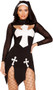 Loving Nun costume set includes mini dress with long sheer sleeves, cut out chest with mock neck collar, large cross chest accent, and asymmetrical hemline with front slits and cross accents. Matching habit veil also included. Two piece set.