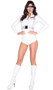 Astronaut Babe costume includes long sleeve vinyl romper with metallic mock neck collar, front zipper closure, and American flag patch. Silver harness with O ring detail and parachute buckle closure also included. Two piece set.