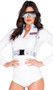 Astronaut Babe costume includes long sleeve vinyl romper with metallic mock neck collar, front zipper closure, and American flag patch. Silver harness with O ring detail and parachute buckle closure also included. Two piece set.