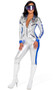 Playboy Astronaut costume includes long sleeve metallic jumpsuit with PLAYBOY print down one sleeve, "space pilot" shuttle patch on the other sleeve, zipper accents, contrast side stripes, mock neck collar, front zipper closure, and Playboy Bunny logo American flag print patch. One piece set.