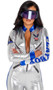 Playboy Astronaut costume includes long sleeve metallic jumpsuit with PLAYBOY print down one sleeve, "space pilot" shuttle patch on the other sleeve, zipper accents, contrast side stripes, mock neck collar, front zipper closure, and Playboy Bunny logo American flag print patch. One piece set.