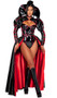 Underworld Evil Queen Costume deluxe costume includes vinyl bodysuit with lace up sides, contrast red trim, cut out chest panel, long puff sleeves with lace up detail and attached oversized tall collar. Matching belted overskirt with adjustable buckle closure, red satin lining and built in petticoat also included. Matching choker with adjustable buckle closure also included. Three piece set.