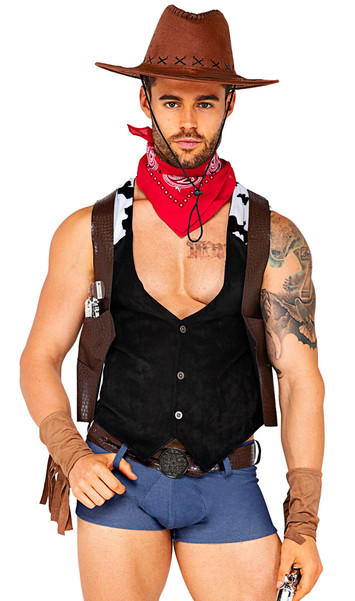 Showdown Cowboy costume set includes faux suede button front vest with cow print shoulders, denim look mini shorts with belt loops, adjustable animal print belt with buckle, matching faux leather double shoulder holster, bandana, faux suede wrist cuffs with fringe trim, and cowboy hat with chin strap also included. Seven piece set.
