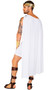 Olympian God costume set includes long one shoulder cape, men's skirt with decorative gold trim, oversized metallic belt with laurel wreath detail, and matching wrist cuffs with hook and loop closure. Four piece set.