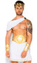 Olympian God costume set includes long one shoulder cape, men's skirt with decorative gold trim, oversized metallic belt with laurel wreath detail, and matching wrist cuffs with hook and loop closure. Four piece set.