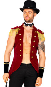 Big Top Master costume set includes sleeveless velour jacket with epaulettes, collar and lapels with decorative gold button trim. White choker collar with bow tie, wrist cuffs and top hat also included. Four piece set.