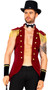 Big Top Master costume set includes sleeveless velour jacket with epaulettes, collar and lapels with decorative gold button trim. White choker collar with bow tie, wrist cuffs and top hat also included. Four piece set.