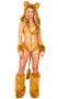 Queen of the Jungle lioness costume set includes long sleeve vinyl bodysuit with faux fur trim, hood with ears, attached tail, v neckline and front zipper closure. One piece set.