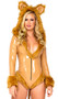 Queen of the Jungle lioness costume set includes long sleeve vinyl bodysuit with faux fur trim, hood with ears, attached tail, v neckline and front zipper closure. One piece set.