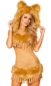 Bashful Lion costume set includes sleeveless mini dress featuring  hood with ears, faux fur trim, fringe details and removable tail. One piece set.