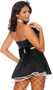 Devious Maid costume includes strapless mini dress with large attached satin bow, built in petticoat, and back zipper closure. Satin apron with lace trim, and back bow with hook and loop closure also included. Matching choker with small bow and hook and loop back closure also included. Mini bow on covered headband also included. Four piece set.