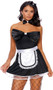 Devious Maid costume includes strapless mini dress with large attached satin bow, built in petticoat, and back zipper closure. Satin apron with lace trim, and back bow with hook and loop closure also included. Matching choker with small bow and hook and loop back closure also included. Mini bow on covered headband also included. Four piece set.