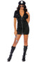 Officer Strict police costume includes short sleeve mini dress featuring deep v neckline, collar, faux pockets, POLICE patches and zipper front closure. Belt with decorative buckle and back hook and loop closure also included. Hat with vinyl brim, silver badge and rear adjustable closure also included. Plastic toy handcuffs also included. Four piece set.