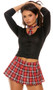 Sexy Scholar school girl costume includes long sleeve V neck top with snap front closure, pleated plaid mini skirt with hidden zipper closure and matching mini neck tie with hook and loop closure. Three piece set.