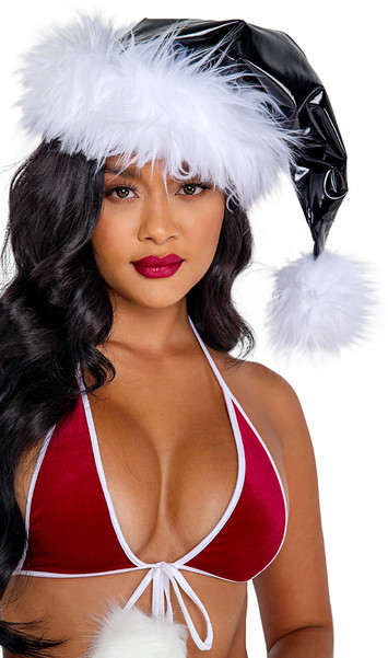 Vinyl Santa hat with faux fur trim and pom pom detail.