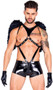 Dark Angel costume includes black vinyl sleeveless bodysuit with studded neckline, O ring accent, adjustable buckle straps, and front zipper closure. One piece set.