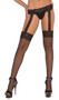 Diamond net thigh high stockings with lace top and attached lace garter belt.