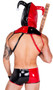 Nobody's Fool Jester costume includes two toned vinyl sleeveless harness with strappy details, O ring accent, hood with horns and pom detail, diamond logo, and front zipper closure. Matching shorts also included. Two piece set.