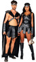 Valiant Gladiator costume includes harness with faux armor looking shoulder pads and attached long cape, arm gauntlets, skirt and head piece. Four piece set.