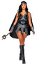 Warrior Princess costume includes sleeveless top with faux armor panels and criss cross harness with attached cape, belt with panels for a skirted look, mini shorts, arm gauntlets, and head piece. Five piece set.